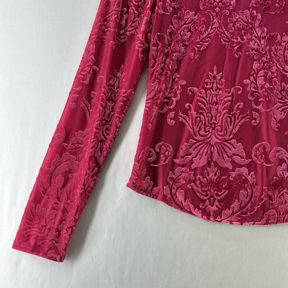 By Anthropologie Velvet Burnout Top S Lace Up Back Ruffle Mock Neck Damask Pink - Picture 13 of 16